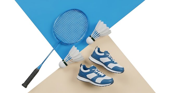 3D badminton racket and shuttlecock on diagonal blue and cream color block background, modern sports composition, minimal clean design, isolated on white background