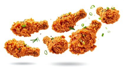 Crispy fried chicken drumsticks, falling with floating green onions and sesame seeds on a white background