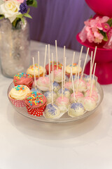 A vibrant dessert table displays an array of cupcakes topped with colorful frosting and sprinkles alongside cake pops decorated in pastel hues. The festive setup shines with bright decorations.
