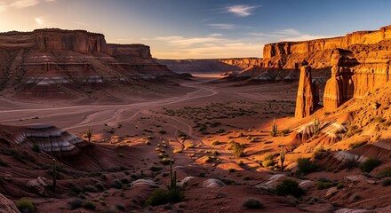 Vast Canyon Landscape at Sunset with Golden Light.