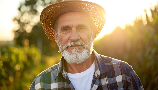 Elderly man with a straw hat and checkered shirt, smiling, against a sunlit natural background