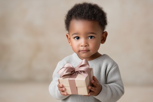 African American toddler holding a small gift with both hands, wearing a cozy sweater, showcasing innocence and joy in a soft, neutral-toned background with copy space