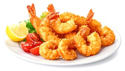 Crispy golden fried seafood presented on a white plate with fresh lemon, tomato slices, and sprigs of green herbs. The focus is on the texture of the food