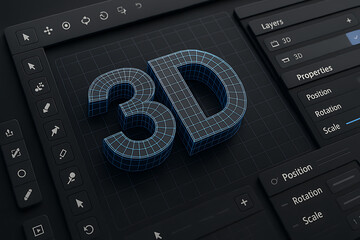 Digital 3D wireframe text displayed on modeling software panel interface for modern creative design and professional visualization work