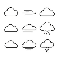 Weather silhouette icon set. featuring cloud, windy, rain, storm, overcast, and lightning symbols