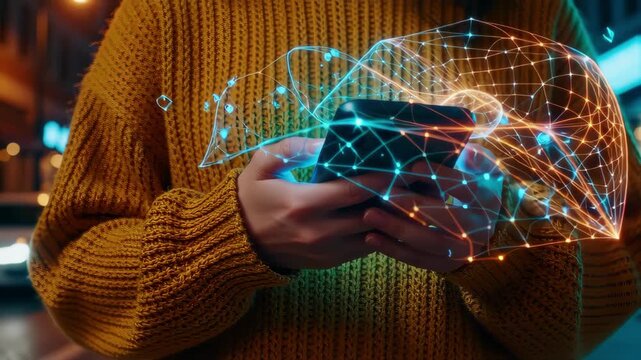Person Holding Smartphone with Glowing Digital Network Overlay and Futuristic Data Visualization