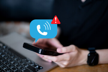 Person user receiving unknown anonymous spam scam call fraud phishing security cybersecurity technology digital information hacker warning risk threat safety crime fake news alert privacy network
