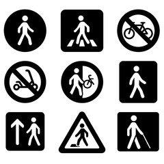 Pedestrian and cycling silhouette icon set. featuring walking, crosswalk, bicycle, scooter, direction, warning symbols
