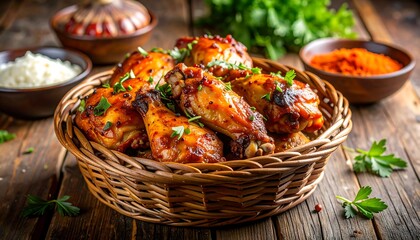 Crispy, roasted chicken pieces are nestled within a rustic woven basket. Accompanied by bowls containing side ingredients, they sit on a wooden surface
