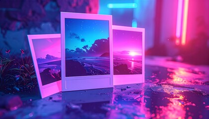 Captivating polaroid collection showcasing ethereal landscapes bathed in neon hues, creating a surreal and reflective display with a retro-futuristic vibe