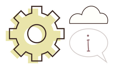Large gear, stylized cloud, and speech bubble with i inside reflect technological innovation, communication, cloud-based solutions, and teamwork. Ideal for concepts thumbs up technology, cloud
