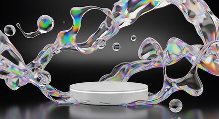 White podium with iridescent liquid splash and bubbles background