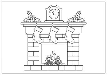 Cozy Christmas Fireplace Coloring Page for a Festive Book Stockings, Clock