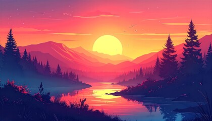 Vibrant digital painting of a breathtaking sunset over majestic mountains. Fiery colors reflect in a tranquil river, creating an enhanced picturesque natural vista