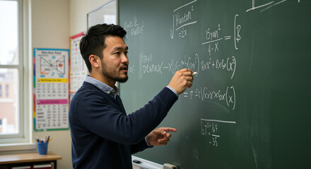 Male teacher explaining math equations on chalkboard in classroom  