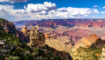 Expansive view of a colorful canyon under a cloudy sky, with green vegetation in the foreground