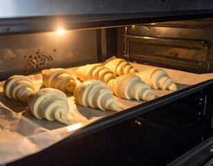 Croissants, uncooked, are baking inside an oven. They rest on parchment paper, illuminated by the interior light. The oven door is partially open