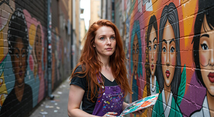 Young woman painting mural in alley surrounded by colorful art  