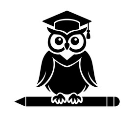 Wise Owl in the Education Sphere: This captivating illustration showcases a wise owl, perched regally atop a pencil and adorned with a graduation cap, symbolizing knowledge, and academic achievement.
