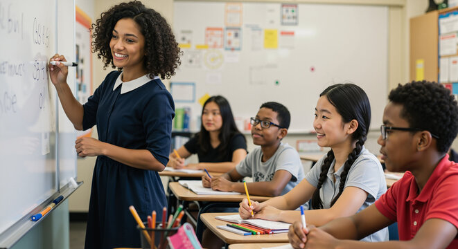 Teacher writing on whiteboard while students engage in classroom