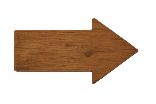 Wooden plank arrow sign pointing right, symbolizing choice, navigation, decision-making, and guidance. Image on transparent background