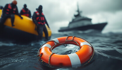 Orange lifebuoy floating on the water with coast guard team in background