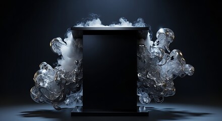 Dark podium with abstract smoke and liquid metal for product display