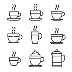 Obraz premium Coffee beverage silhouette icon set. featuring cup, mug, espresso, cappuccino, latte, and french press symbols