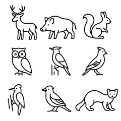 Obraz premium Wildlife linear icon set. featuring deer, boar, squirrel, owl, woodpecker, bird, martin