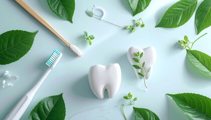 Dental care items, toothbrush, floss, teeth, and leaves arranged artfully on a soft blue background, top down view