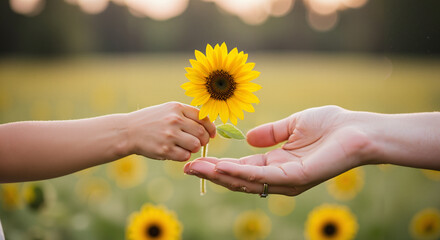 Child giving sunflower to adult hand in sunflower field  