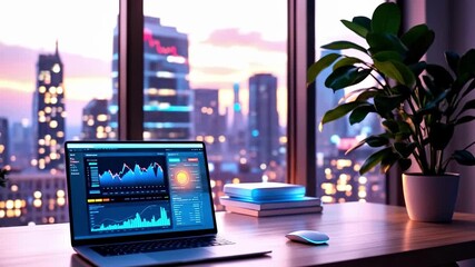 Laptop with financial graphs on modern office desk at sunset - Powered by Adobe