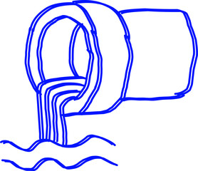 Blue line art of a pipe discharging water into a stream on a white background, symbolizing pollution, drainage, wastewater, and environmental issues.
