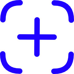 Blue focus frame icon with a plus sign in the center on a white background, symbolizing zoom, add, camera focus, target, and user interface design.