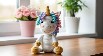 Cute crochet unicorn toy sitting on a wooden table indoors softly