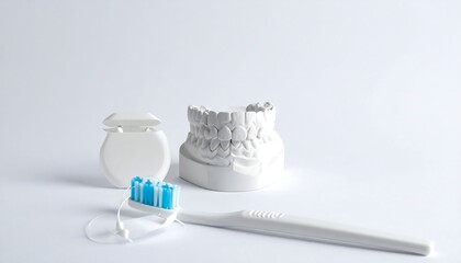 Dental hygiene concept features a toothbrush with attached floss, teeth model, and floss container set against a plain white background
