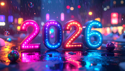 Rainy Neon 2026 with Bokeh Reflections