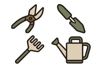 Essential gardening tools set including pruning shears hand trowel rake and watering can for horticulture activities