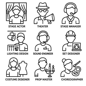 Theater professions linear icon set. featuring stage actor, theater, stage manager, lighting design, sound engineer