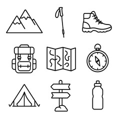 Outdoor adventure linear icon set. featuring mountains, walking stick, boots, backpack, map, compass, tent, signpost, bottle