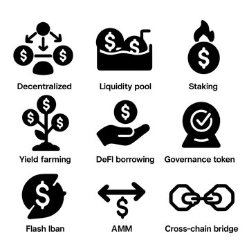 Cryptocurrency silhouette icon set. featuring decentralized, liquidity, staking, yield, defi, governance, amm
