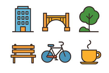 Naklejka premium Set of six outlined symbols representing urban architecture nature and travel
