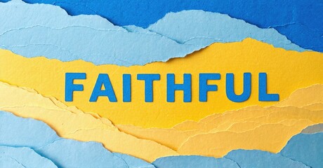 Bright image displays word FAITHFUL over torn paper layers. Blue, yellow hues create dynamic visual contrast. Positive message conveyed.