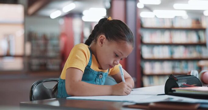 Child, student and writing with books in library for education, learning support and knowledge. Kid, workbook and quiz for elearning, studying curriculum and assessment information of school homework