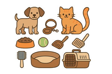 Cute cartoon set of domestic animals and essential accessories for pet care and ownership