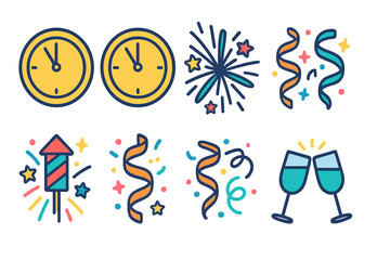 Colorful set of celebration symbols including clocks, fireworks, streamers, and champagne toast