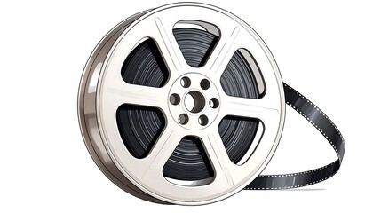 Depiction of a vintage metal film reel, brimming with dark cinematic tape. Some film strip curls and dangles, set against a blank background