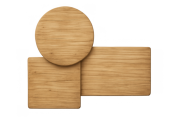 Wooden signboards set, circular, square and rectangular shapes, rustic texture for presentation mockup on transparency