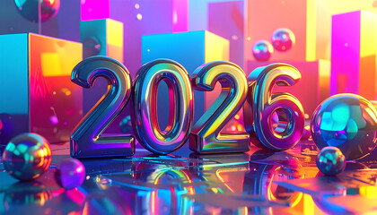 Metallic 2026 with Neon Edge Glow and Reflections
