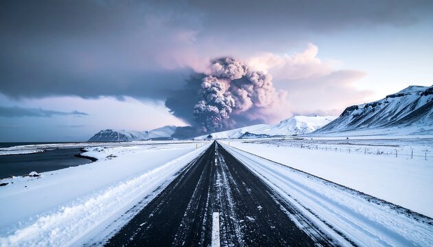 Dark asphalt road leads through a snowy expanse towards a distant volcanic plume under a cloudy sky, mountains on both sides - Powered by Adobe